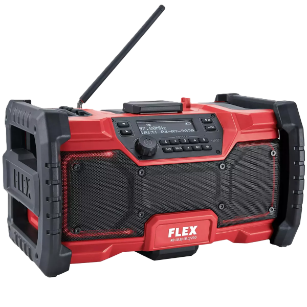 Das FLEX Digitales Akku-Baustellenradio RD 10.8/18.0/230 ist ein robustes Baustellenradio, für den Empfang von DAB+ und FM geeignet. Seine Lautsprecherleistung von 2 x 10 Watt und der Bass-Boost sorgen für eine gute Klangqualität. Das beleuchtete und über